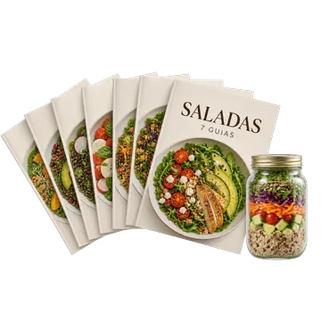 Sete livretos de saladas abertos em leque ao lado de uma salada no pote