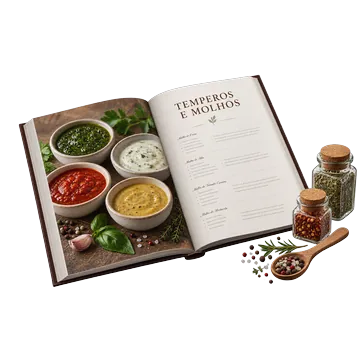 Livro aberto de temperos e molhos com potinhos de ervas ao lado