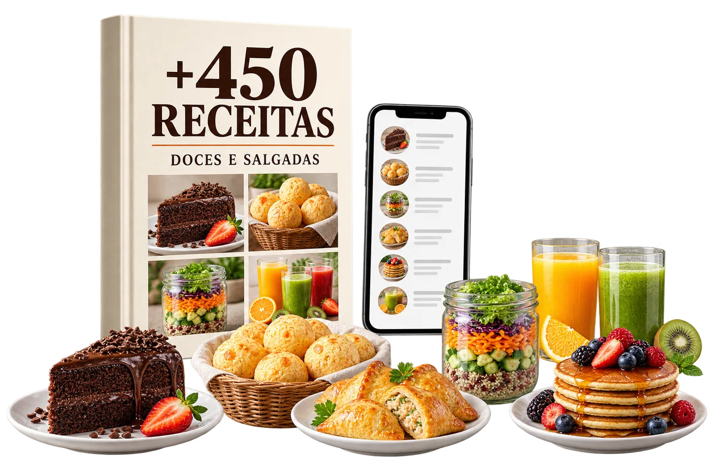Livro com mais de 450 receitas doces e salgadas ao lado de um celular, cercado de bolo, pães de queijo, salgados, salada no pote, panquecas e sucos