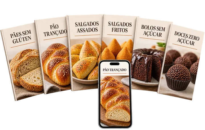 Seis guias de receitas do plano Básico abertos em leque com um celular na frente