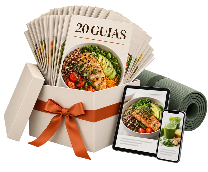 Caixa de presente com os 20 guias, tablet e celular mostrando receitas